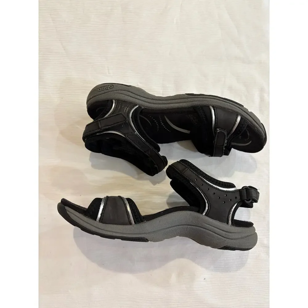 Abeo Goleta Sandals Black Silver Trim Leather Comfort Thong Womens 6 Narrow